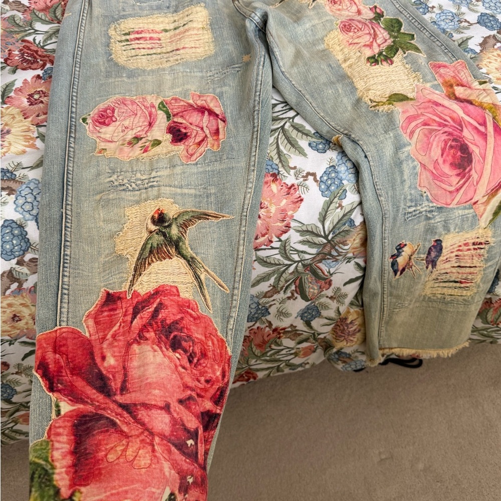 Magnolia Pearl Blue and Red Boyfriend Jeans with Artistic Floral Design